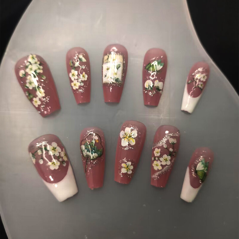 Женские Розовые наклейки, нажимные ногти с ручным рисунком в китайском стиле, классический аромат жасмина, индивидуальные и многоразовые патчи