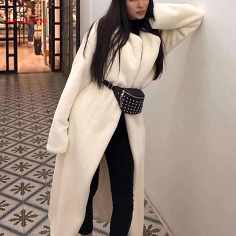 Jaqueta branca de pelúcia de pelúcia feminina, casaco felpudo longo elegante, casaco de pele artificial fofo, roupas de inverno, 2021