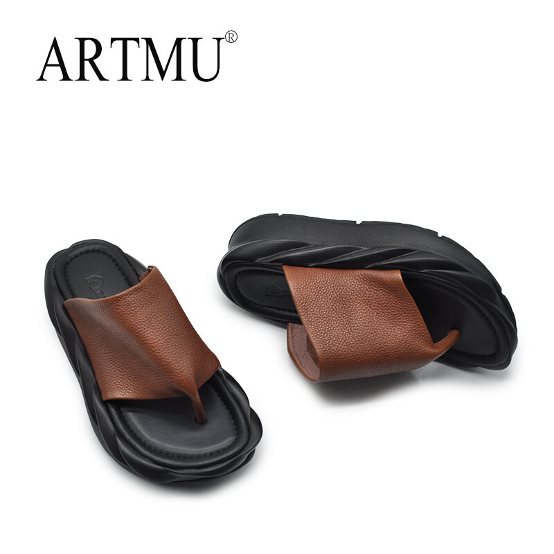 Artmu-Tongs à semelle optique originale pour femmes, pantoufles en cuir véritable, chaussures d'extérieur à plateforme, pantoufles faites à la main, 2024