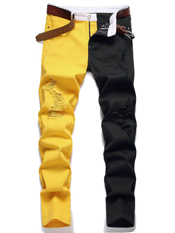 Męskie Y2K rozciągliwe, obcisłe, obcisłe, czarne czerwona patchworkowa jeansy Slim Fit spodnie dżinsowe wysokiej jakości Hip Hop Jean Pantalones Hombre