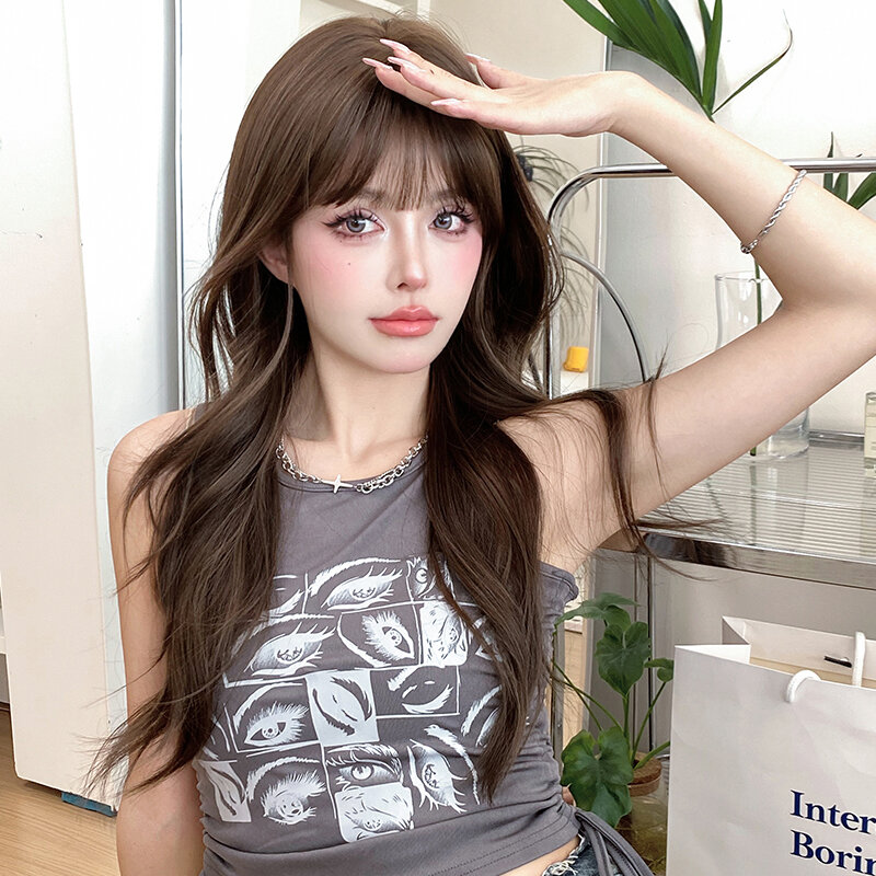 7JHH WIGS Glueless Wig Synthetic Loose Body Wave Brown Wig for Women Daily Use High Density Layered Hair Wigs with Air Bangs