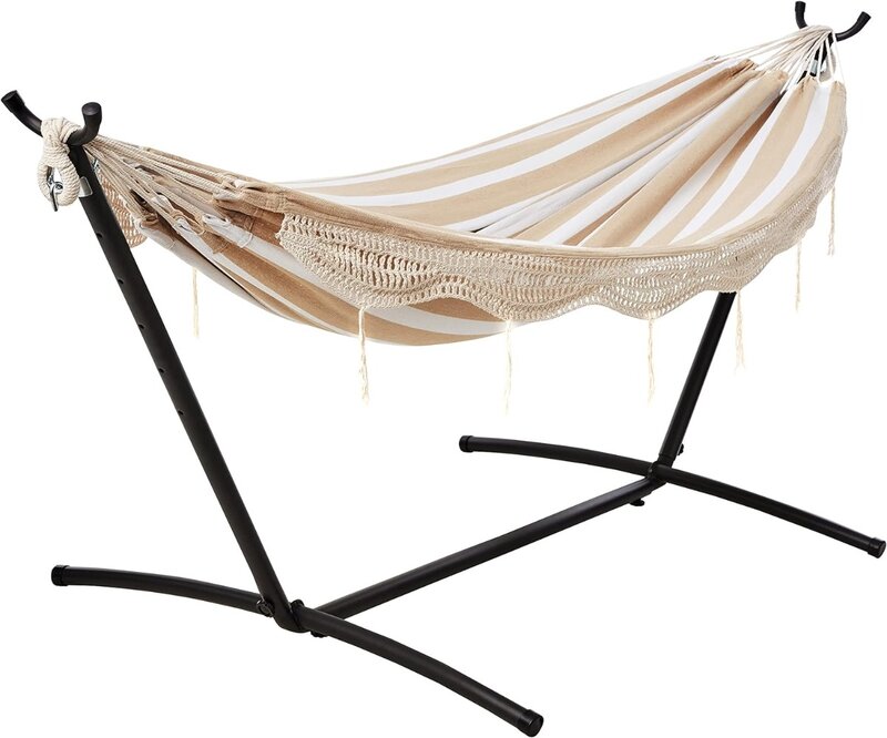 Double Hammock with 9-Foot Space Saving Steel Stand and Carrying Case, 450 lb Capacity, Beige Stripe