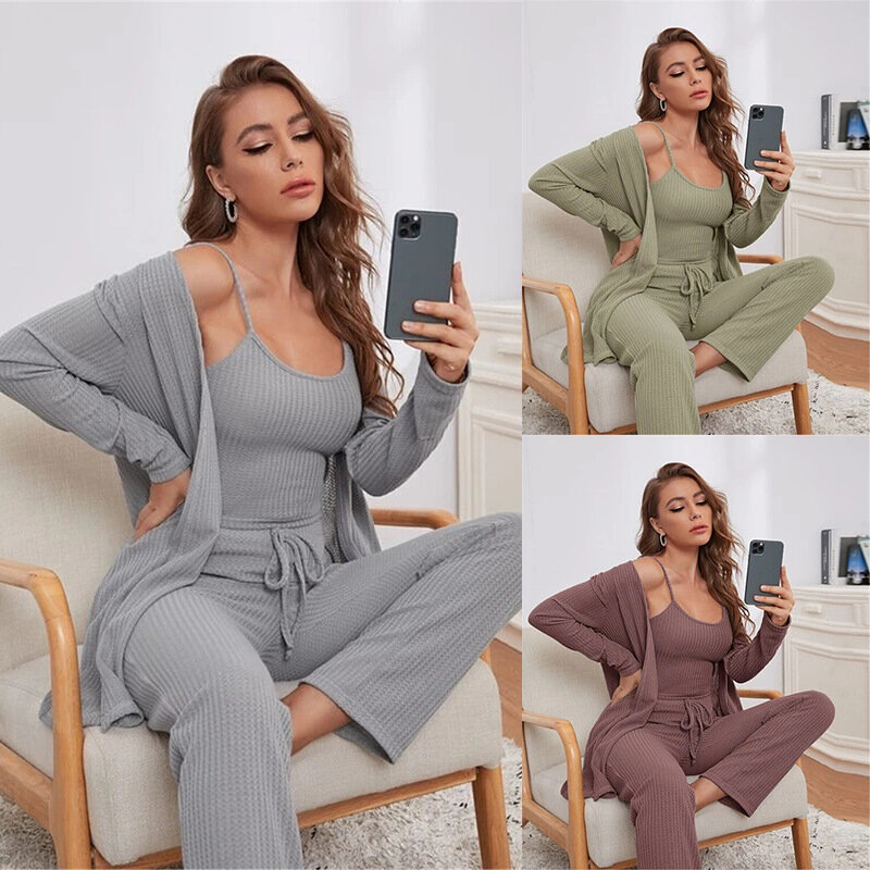 European and American Home Wear Women's Waffle Knitted Suspenders Top Trousers Robe Pajamas Three-Piece Suit