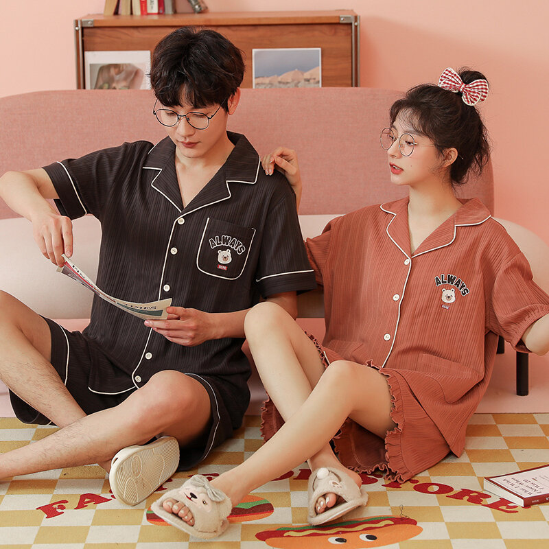 New Short Sleeve Sleepwear Couple Men and Women Matching Home Set Cotton Pjs Cartoon Prints Leisure Nightwear Pajamas for Summer