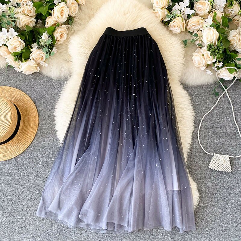 Женская плиссированная юбка с блестками, короткое Сетчатое платье-трапеция с высокой талией и градиентом звездного неба, лето 2024