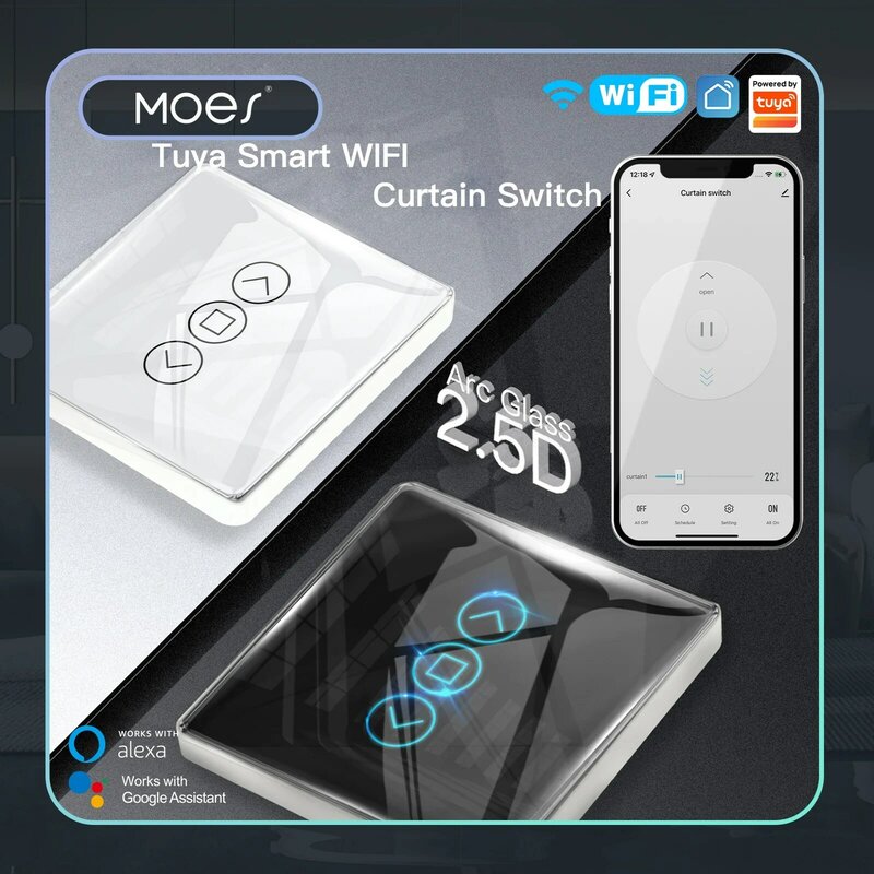 MOES 와이파이 RF433 스마트 2.5D 아크 유리 터치 커튼 스위치, 롤러 블라인드 셔터용, 스마트 라이프, 투야 앱, 알렉사 구글 홈 작동