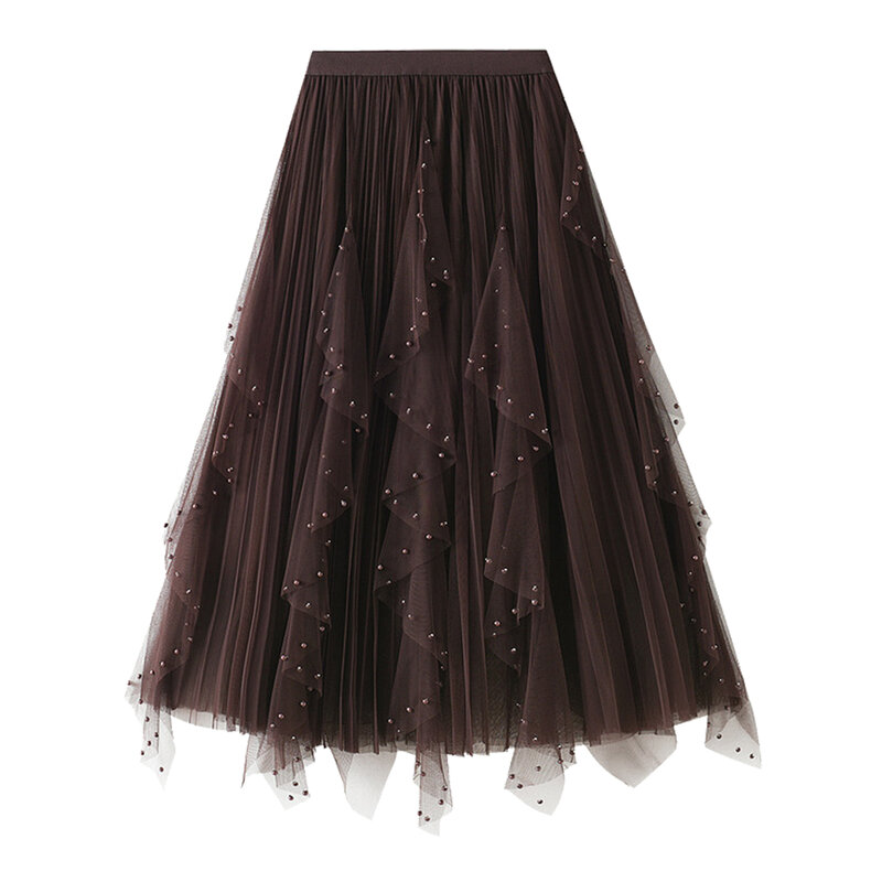 Womens Faux Pearls Asymmetrical Tulle Skirt Elastic Waist Cascading Ruffles Pleated Midi Skirt Wedding Accessory
