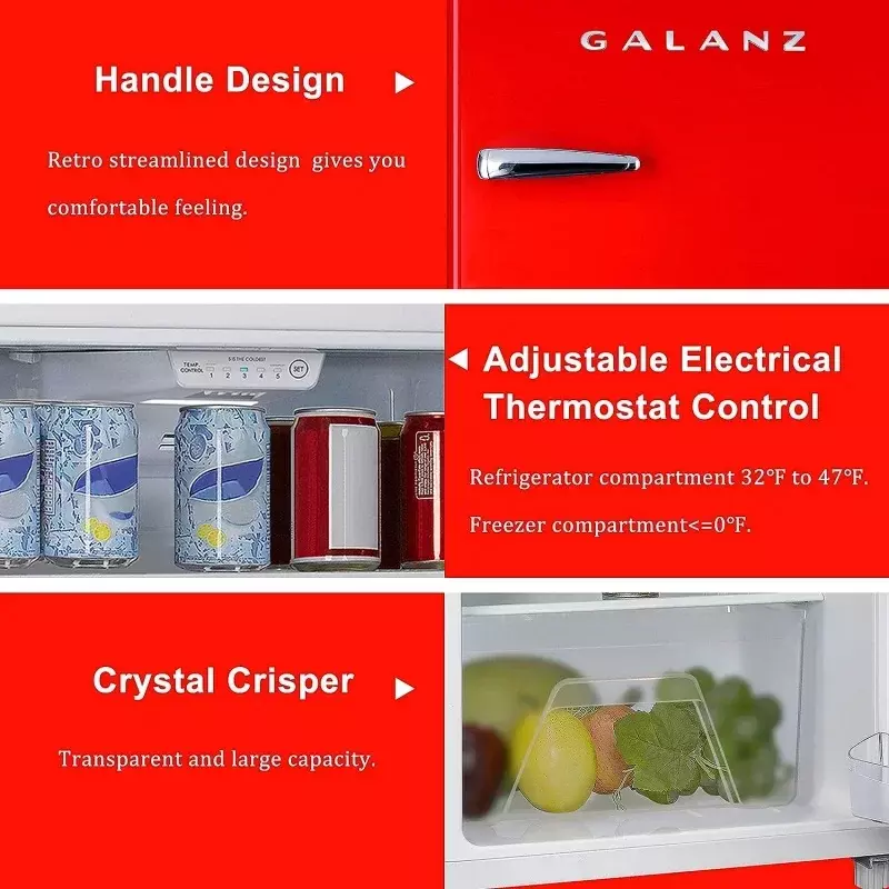 Frigorifero Galanz GLR12TRDEFR, frigorifero a doppia porta, controllo termostato elettrico regolabile con vano congelatore con montaggio superiore,