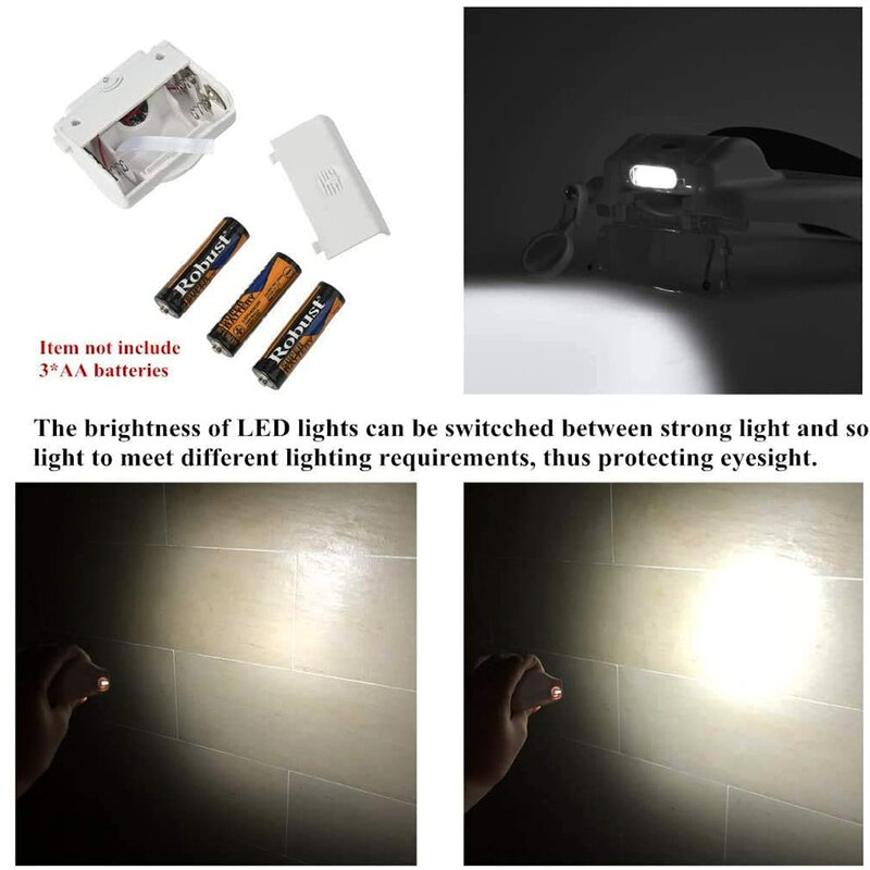 Stirnband Lupe Lupe mit 3 LED Beleuchtung 1,5 x 8x 2X Objektiv Lupe für Uhrmacher Lesen Schmuck Uhr Reparatur werkzeuge