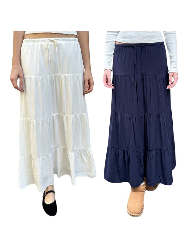 Women Fairy Grunge Flowy Maxi Skirts Y2k Low Waist Drawstring Skirts Summer Cute A Line Long Beach Skirts