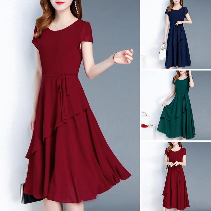 Schnür-A-Linie Midi-Kleid Elegante Schnür-Midi-Kleider für Frauen O-Ausschnitt A-Linie Streetwear Rundhals ausschnitt im koreanischen Stil Kurzarm
