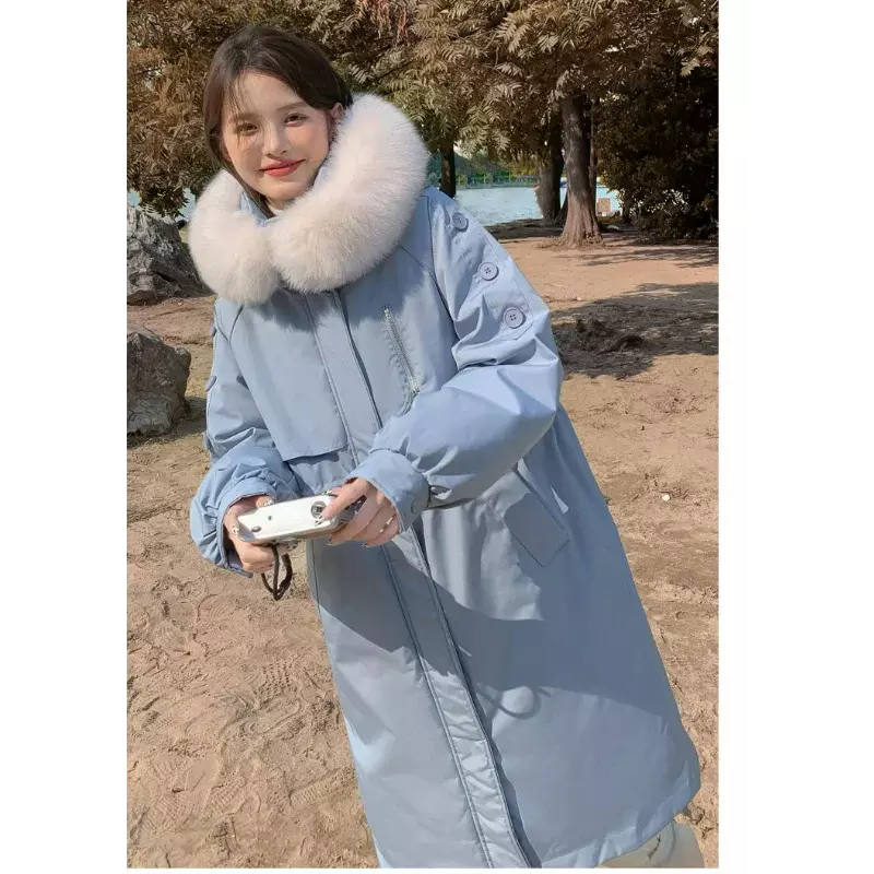 Zimowe puchowe płaszcze z kapturem damskie kurtki kołnierz z futra lisa średniej długości białe kaczki zagęszczone parki na zamek luźne ubrania