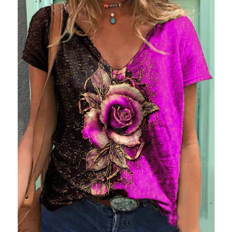 T-shirt imprimé floral à manches courtes pour femmes, col en V, mode décontractée, paysage végétal, grande taille, vêtements pour femmes, 2023
