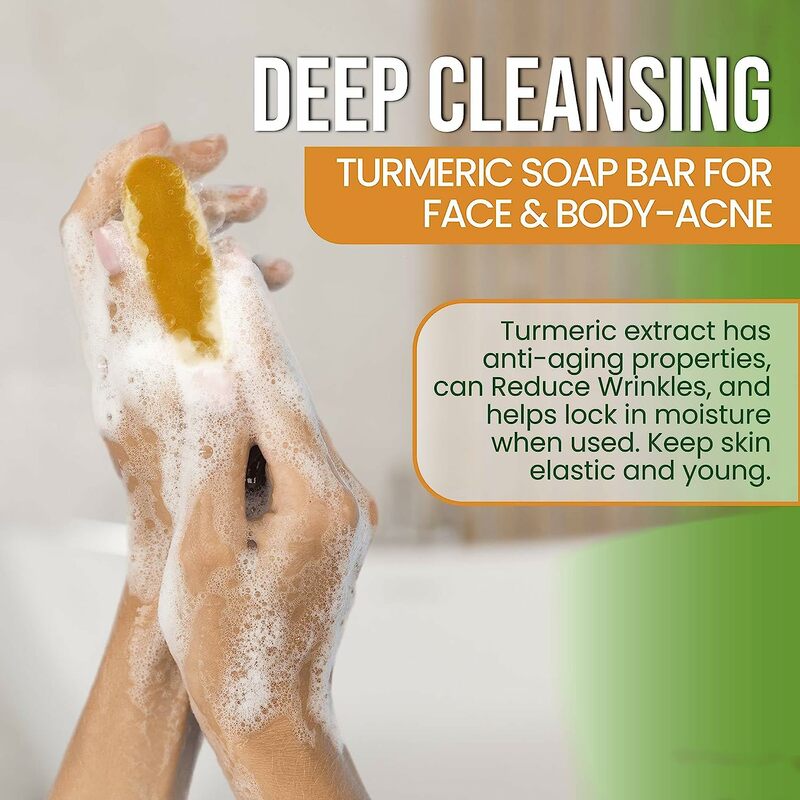 Barra de jabón blanqueador de cúrcuma, 2x65g, ilumina la limpieza profunda para manchas oscuras, desvanece las cicatrices, incluso el tono de la piel, suaviza la piel