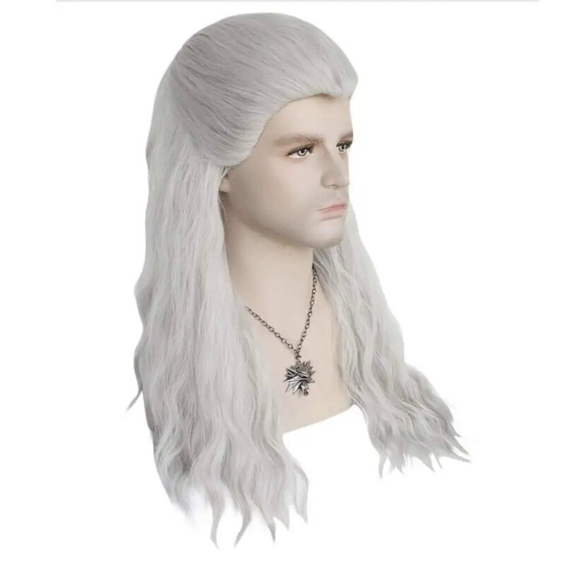 Wig Cosplay pria lurus panjang abu-abu Perak penyihir Game Wig rambut peran Anime sintetis untuk pesta Halloween dengan Nelace