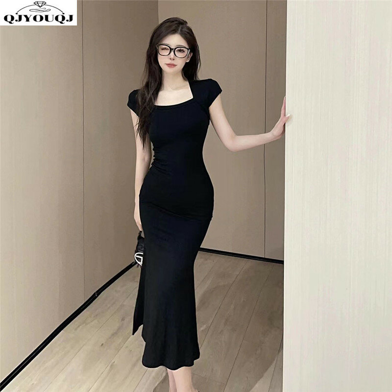 Vestido negro ajustado con cola de pez, prenda larga Adelgazante y ajustada a la cintura, edición coreana, primavera y verano, 2024