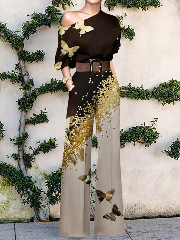 Celana Panjang Kaki Lebar Longgar Wanita Kantor Elegan Bodysuit Kerah Miring Cetakan Bunga Jumpsuit Wanita Manis Streetwear Mode