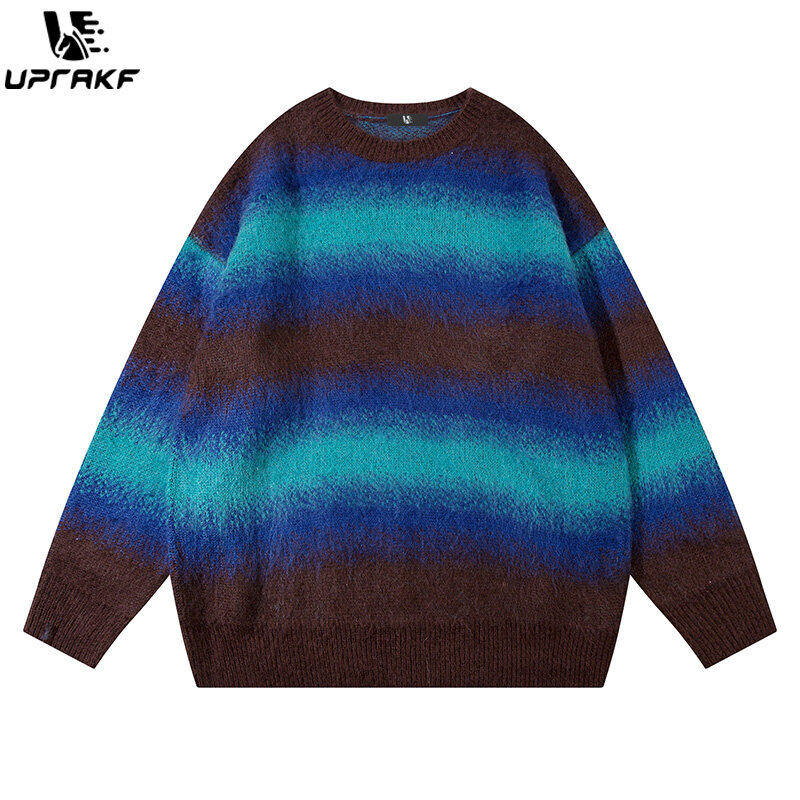 UPRAKF-suéter listrado para mulheres, gola redonda solta, mangas compridas, Harajuku casual quente, moda na moda, outono e inverno