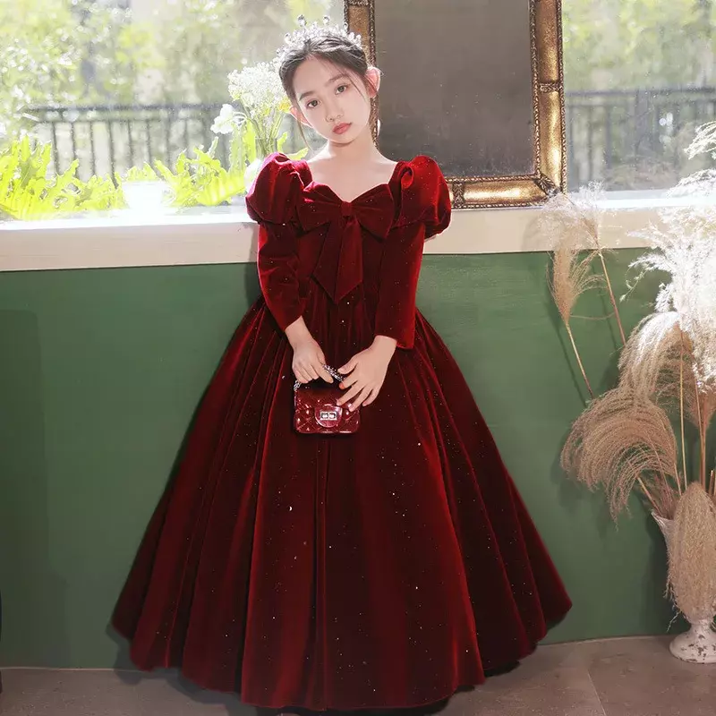 Роскошные вечерние длинные красные платья для девочек, элегантная детская одежда на заказ для выпускного вечера, бархатный детский цветочный костюм на Рождество
