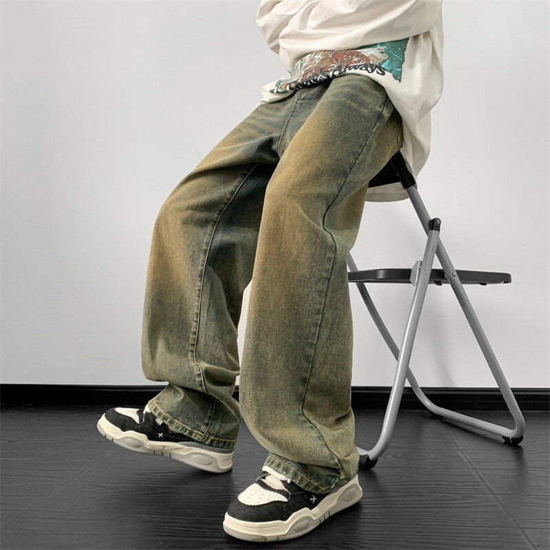 Celana Jeans pria, Jeans lurus longgar lelaki, celana Harajuku Vintage Biru Jean pakaian jalanan 2024