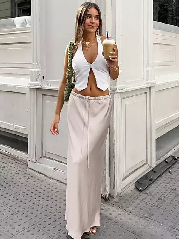 Satin Maxi röcke für Frauen einfarbige Bandage A-Linie lose Sommer mode lange Röcke weibliche neue Freizeit kleidung