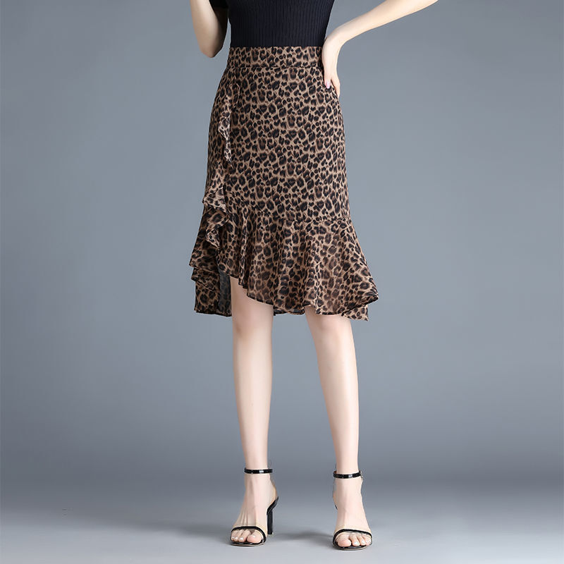 Faldas de gasa con estampado Irregular para mujer, faldas de leopardo con volantes, cintura alta elástica, holgadas, otoño, 2024