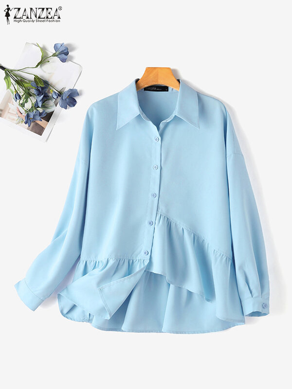 ZANZEA Chic Long Sleeve Buttons Cardigans Vintage Lapel Neck Shirt Women Irregular Hem Blouse 2024 Summer Office Tops Oversized