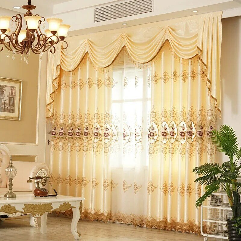 Luxury Living Room Curtains European Custom Valances Hollow Embroidery Semi-shading Curtains for Living Dining Room Bedroom