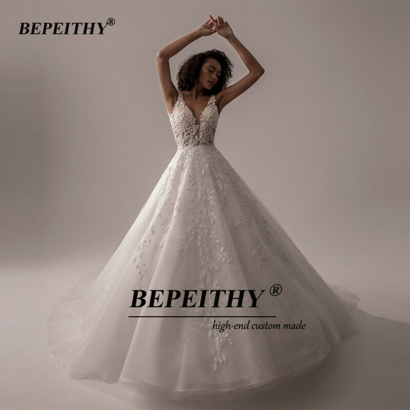 BEPEITHY 여성용 브이넥 민소매 웨딩 드레스, A라인 아이보리 레이스 2022, 로맨틱한 신부 보호 가운