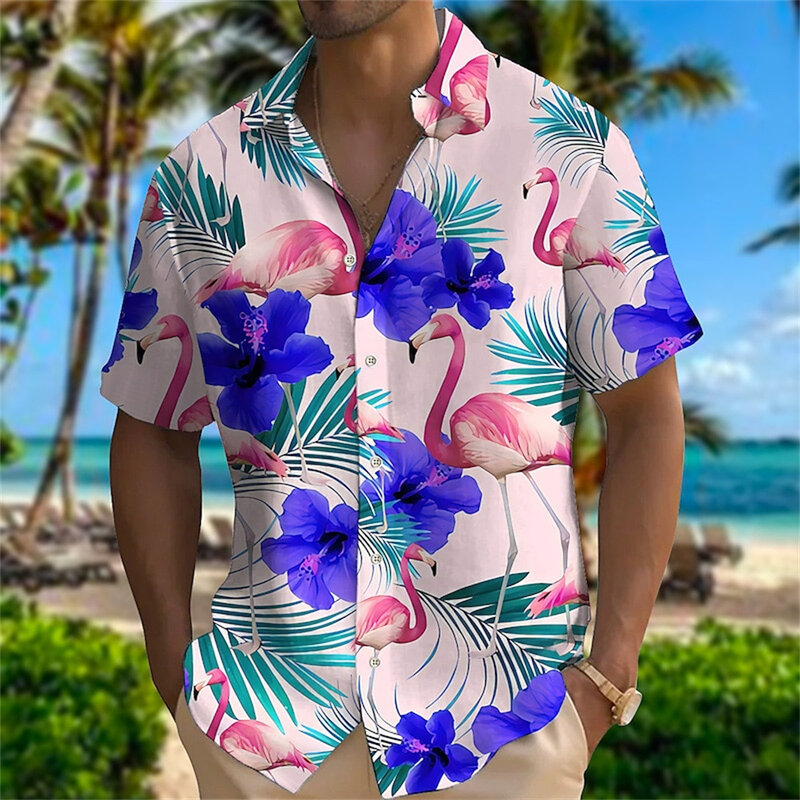 2023 여름 동물 크레인 남성용 하와이안 셔츠, 3D 식물 셔츠, 플라워 프린트, 플러스 사이즈, 해변 꽃 셔츠, 5xl