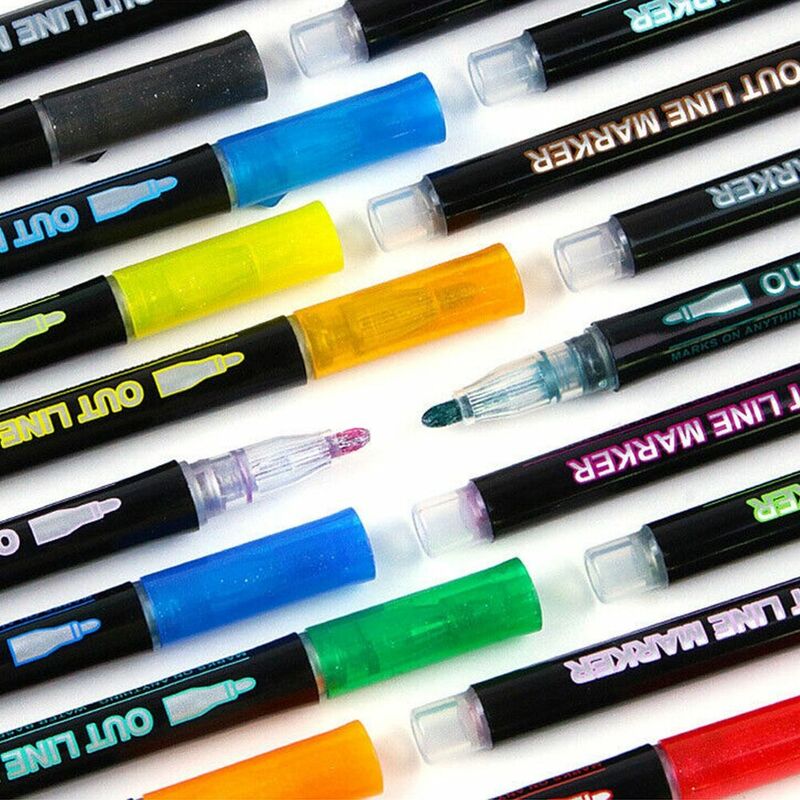 Impermeável Double Line Outline Pen, Shimmer Marker, cor metálica, plástico, fluorescente, crianças, 8 pcs, 12 pcs, 24 pcs, 36pcs