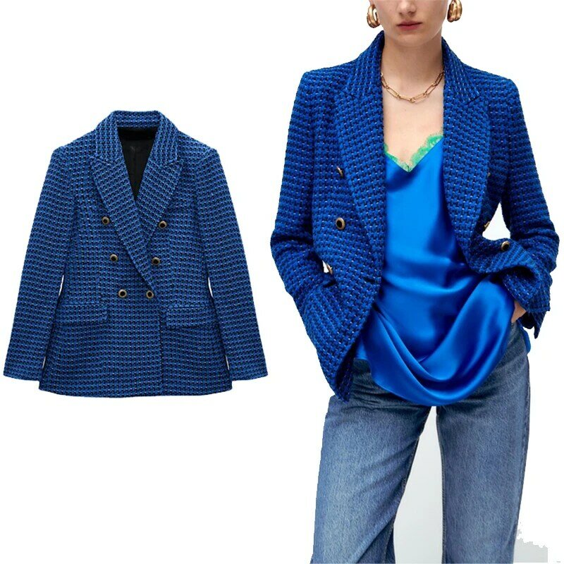 Women's Fashion Tweed Check Blazer Autumn and Winter New V-Lead Long Sleeve Button Pocket Blazer Blue Casual Office Suit