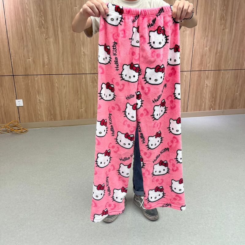Sanrio Hello Kitty pijama de flanela feminina, calça de lã quente casual, anime preto e rosa, atacado, outono