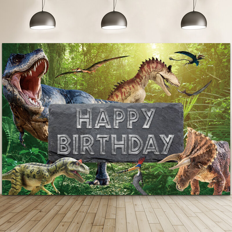 誕生日パーティーの恐竜の背景、ジャングルの背景、ジュラシックディノテーマ、男の子のためのハッピーバースデーバナー
