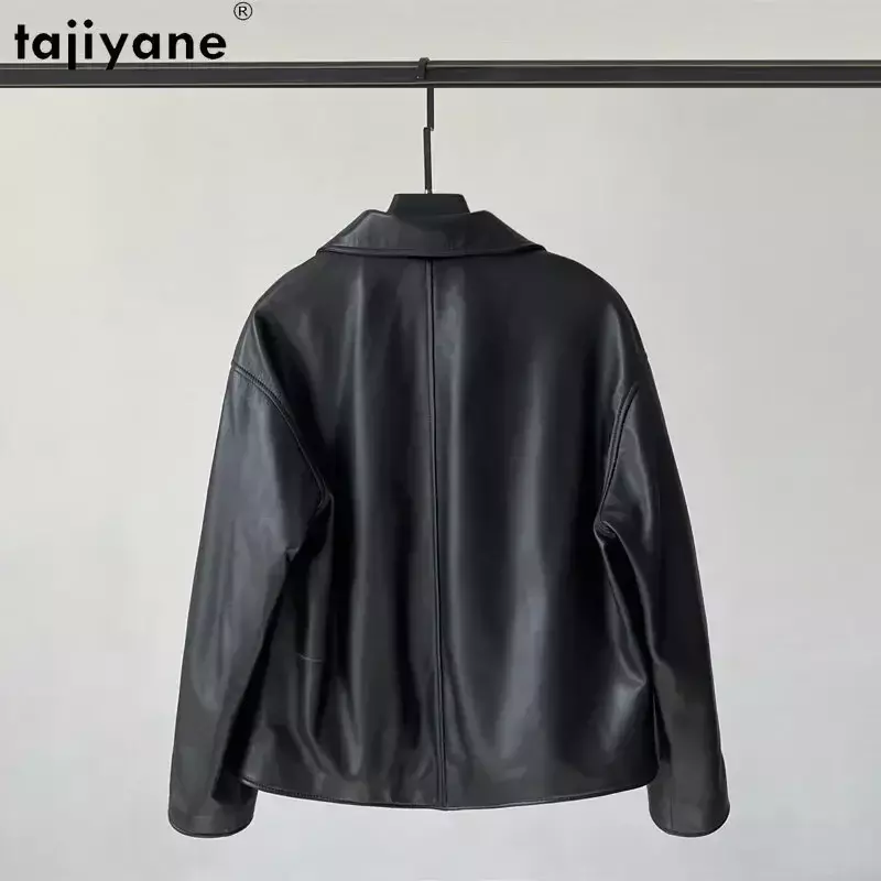 Fujiyane jaket kulit asli wanita, mantel kulit domba berkancing Single-breasted, jaket kulit kerah persegi, mantel pengendara sepeda Retro