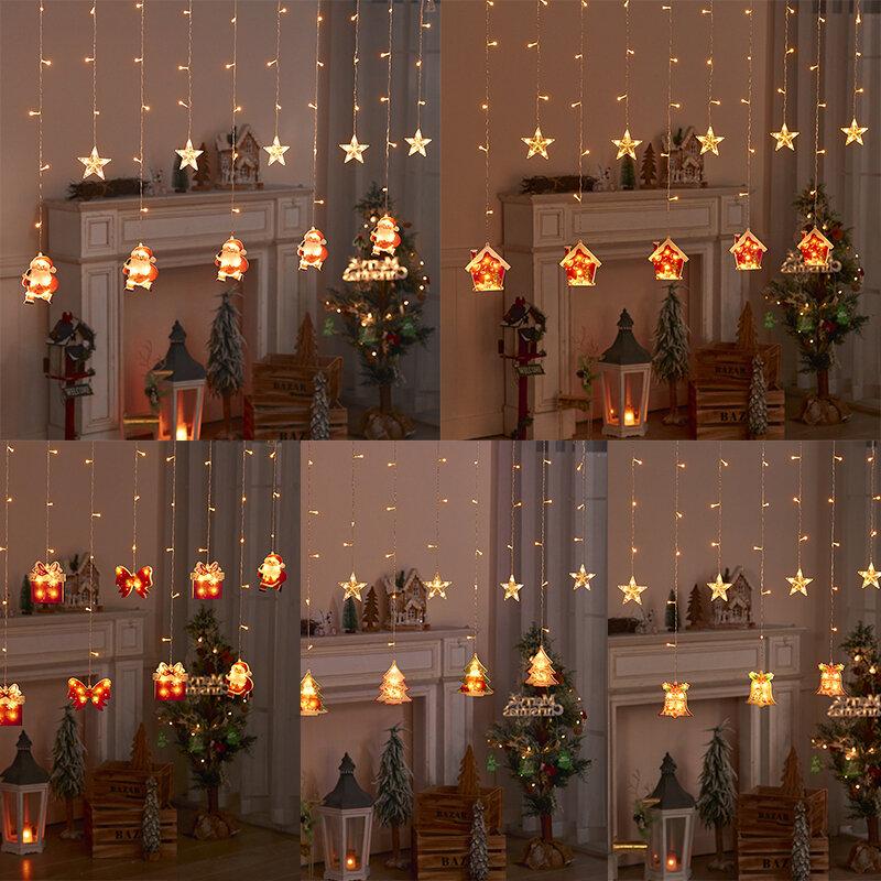 Weihnachts dekoration führte Vorhang Lichter Santa Claus Schneeflocke Anhänger Fenster Atmosphäre Szene Anordnung warme Lampe Lichterkette