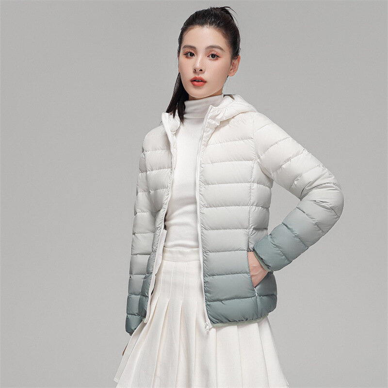 Jaket hoodie wanita, jaket Windbreaker parka hangat musim dingin 90%, jaket gradien bertudung modis baru