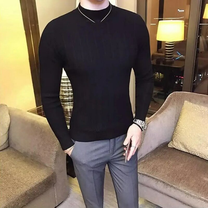 Suéter de punto para hombre, Jersey elástico suave y versátil, con estilo, Cuello medio alto, color sólido, uso diario, Otoño e Invierno
