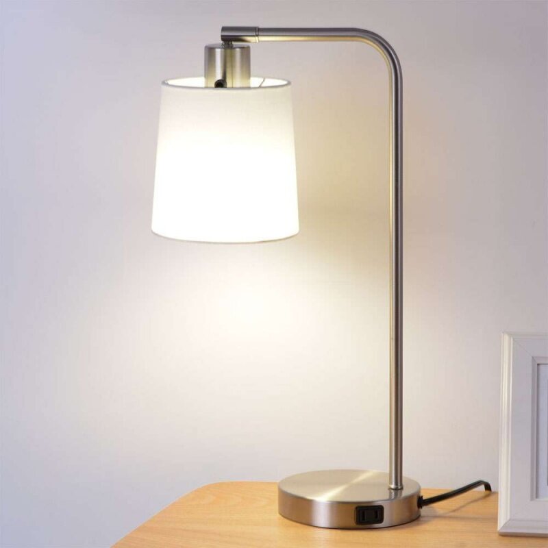 Modern Better Homes & Gardens Brushed Nickel Desk Lamp with Fabric Shade and AC Outlet, All Ages