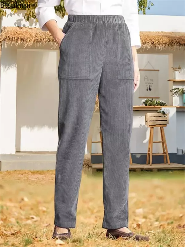Nowe 2024 damskie codzienne ciepłe spodnie haremowe spodnie sztruksowe damskie jednolite, luźne kieszonkowe spodnie dresowe spodnie Vintage dla kobiet