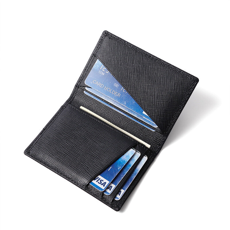 남성용 럭셔리 RFID 바이폴드 소형 카드 지갑, 콘트라스트 컬러 슬림 크로스 패턴, 정품 가죽 신용카드 홀더, 신제품