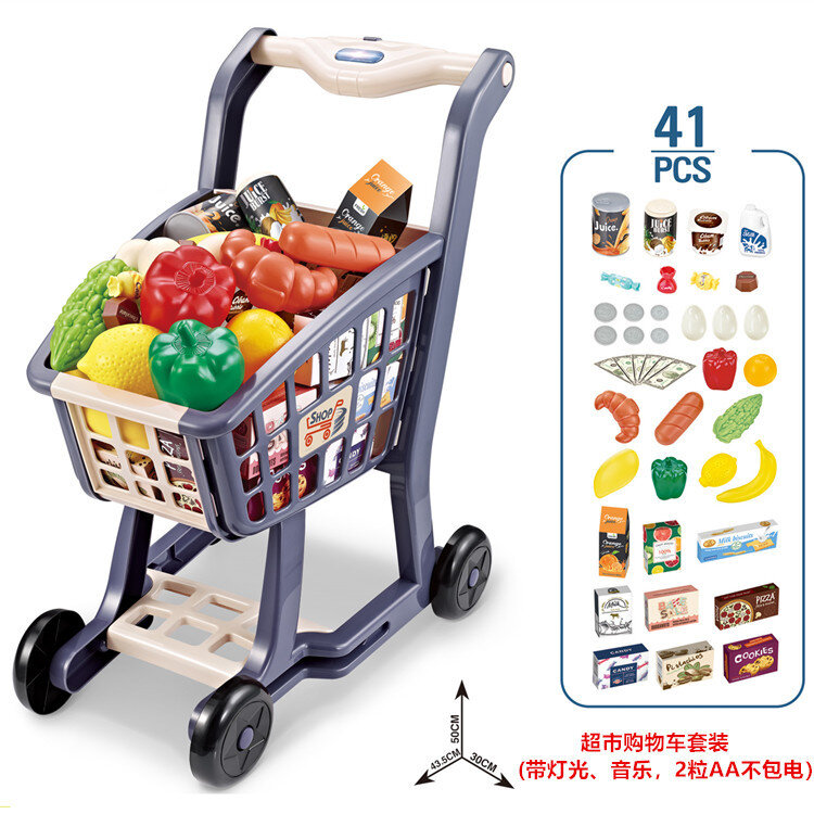 Juego de carrito de compras de supermercado de simulación para niños, música de iluminación, compras de frutas y verduras, juguetes familiares, 2023