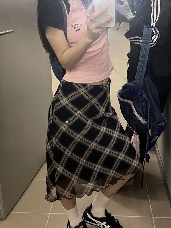 Винтажная клетчатая юбка HOUZHOU Y2k, женская летняя повседневная сетчатая юбка в Корейском стиле с высокой талией, модель 90-х годов, уличная одежда
