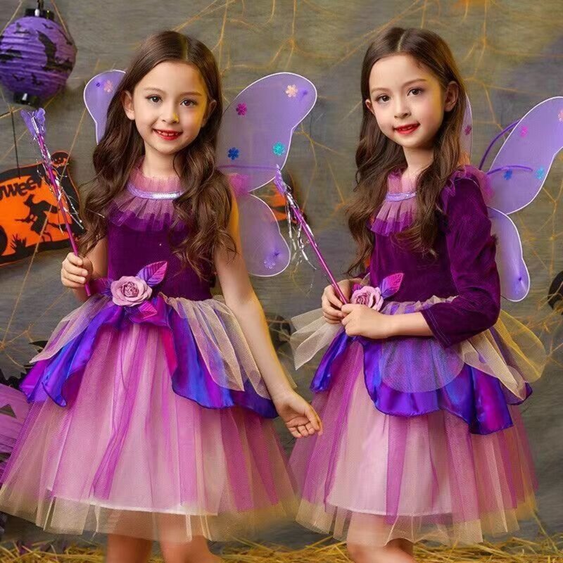 4 buah Set gadis karnaval putri anak-anak berdandan pakaian dengan tongkat sayap tas labu Halloween Cosplay anak penyihir kostum
