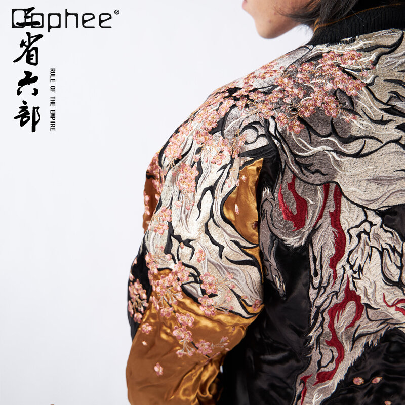 Abrigo de béisbol de satén con bordado de zorro de nueve colas para mujer, chaqueta Bomber de doble cara, flor de cerezo, Yokosuka, otoño e invierno, 2023