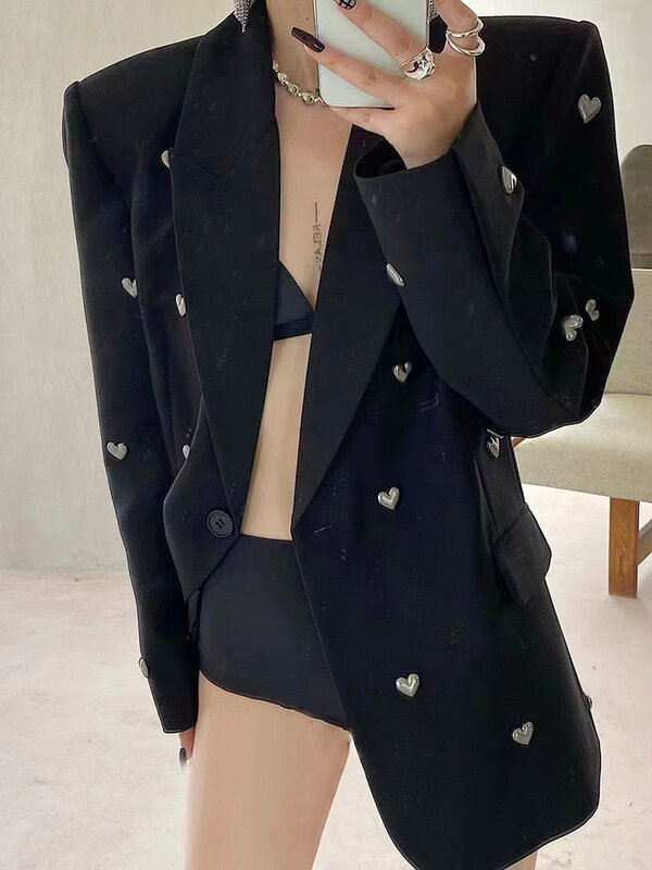 DEAT Fashion Women Blazer Notched Collar Long Sleeves Single Button 3D Love Rivet Decoration Suit Jackets Autumn 2024 New 7AB858