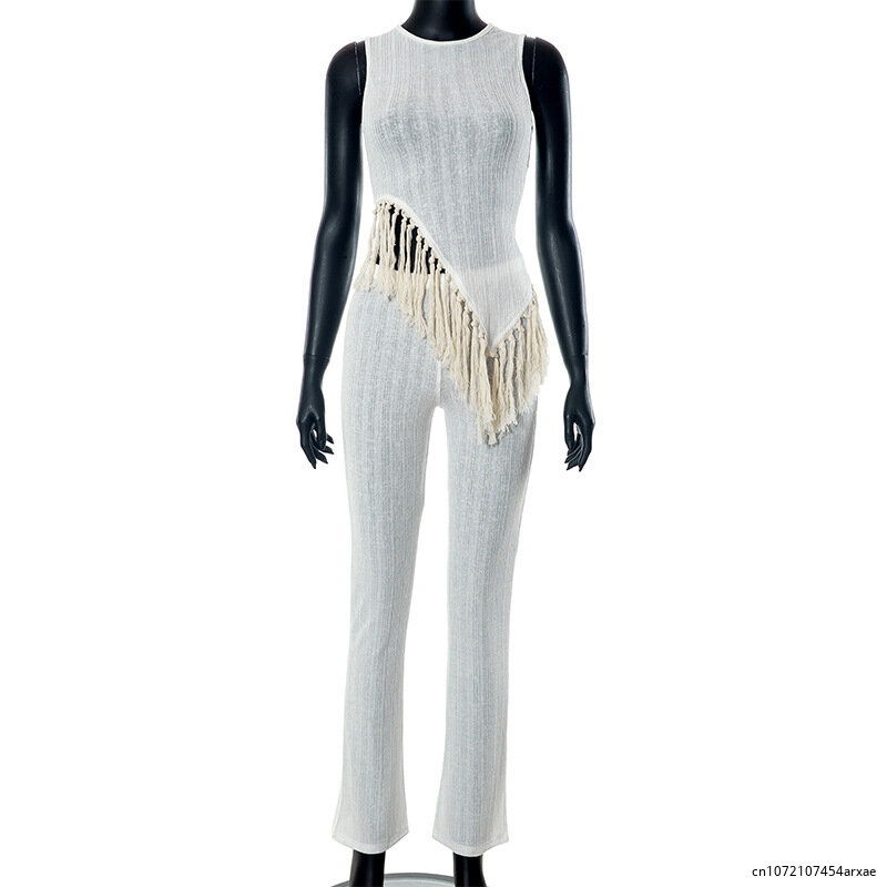 Conjunto de punto acanalado para mujer, camiseta sin mangas Irregular con borlas y pantalones de pierna ancha, chándal elegante de 2 piezas, 2023