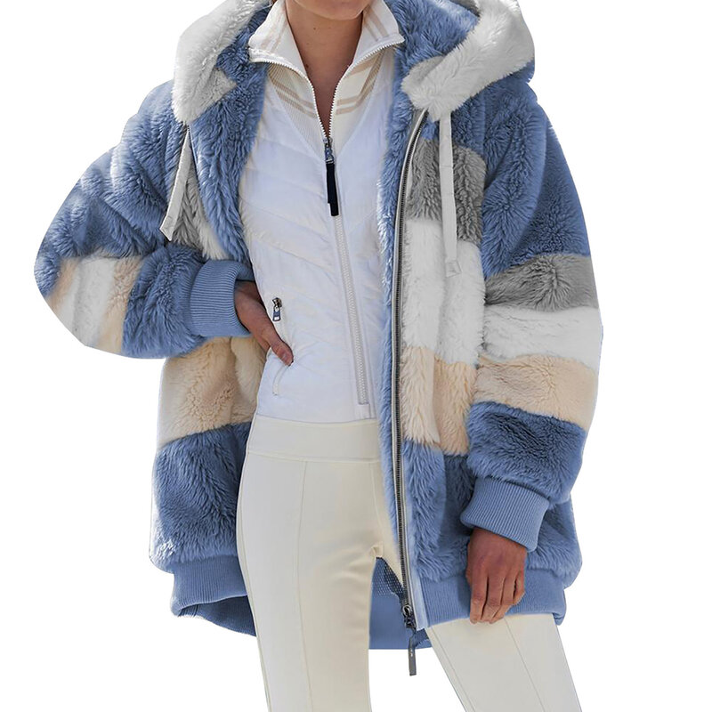 Mantel wanita ukuran besar, mantel Luaran wanita kasmir ritsleting longgar bersaku bertudung untuk musim gugur dan dingin 2023