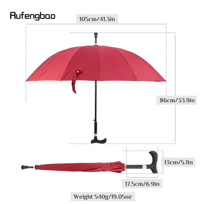 Payung tongkat tahan angin otomatis merah, payung gagang panjang diperbesar untuk hari cerah dan hujan tongkat berjalan Crosier 86cm