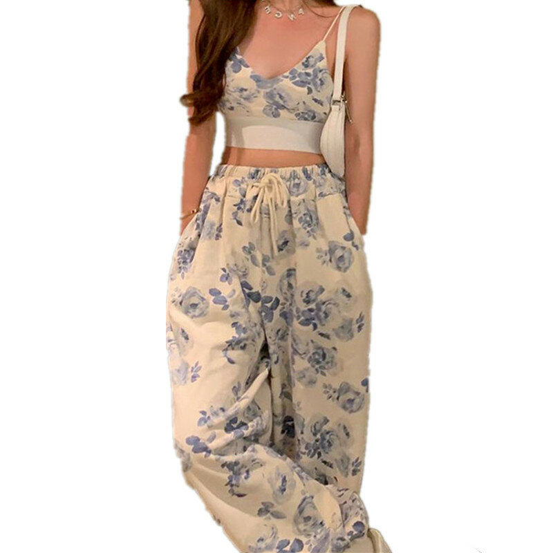 WPNAKS-Conjunto floral feminino de camisola com decote em v e calças com cordão, roupas de verão, 2 peças, 2024